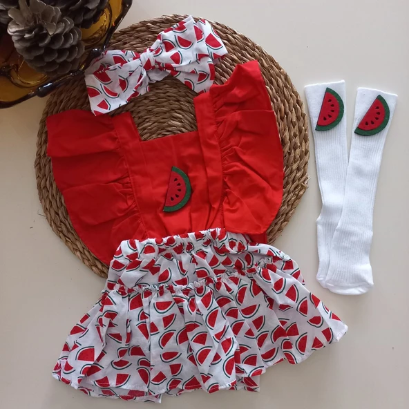 MARS BABY Kız Bebek Kırmızı Karpuz Desenli Fırfırlı Salopet Bandana Beyaz Çorap Takım ürün görseli 1