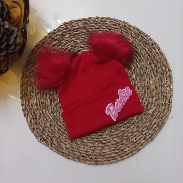 MARS BABY Kız Bebek Çocuk Barbie Figürlü Kırmızı Çift Ponponlu Bere ürün görseli 1