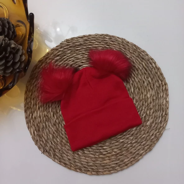 MARS BABY Kız Bebek Çocuk Düz Kırmızı Çift Ponponlu Bere ürün görseli 1