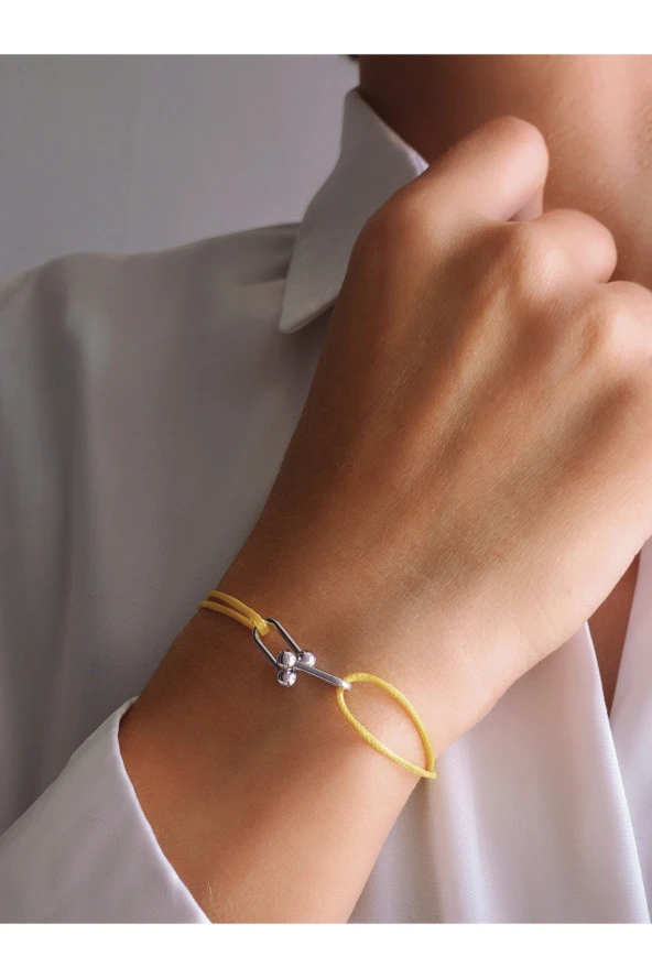 Ataç Model Deri İpli El Yapımı Silver Sarı Renkli Bileklik ürün görseli 1