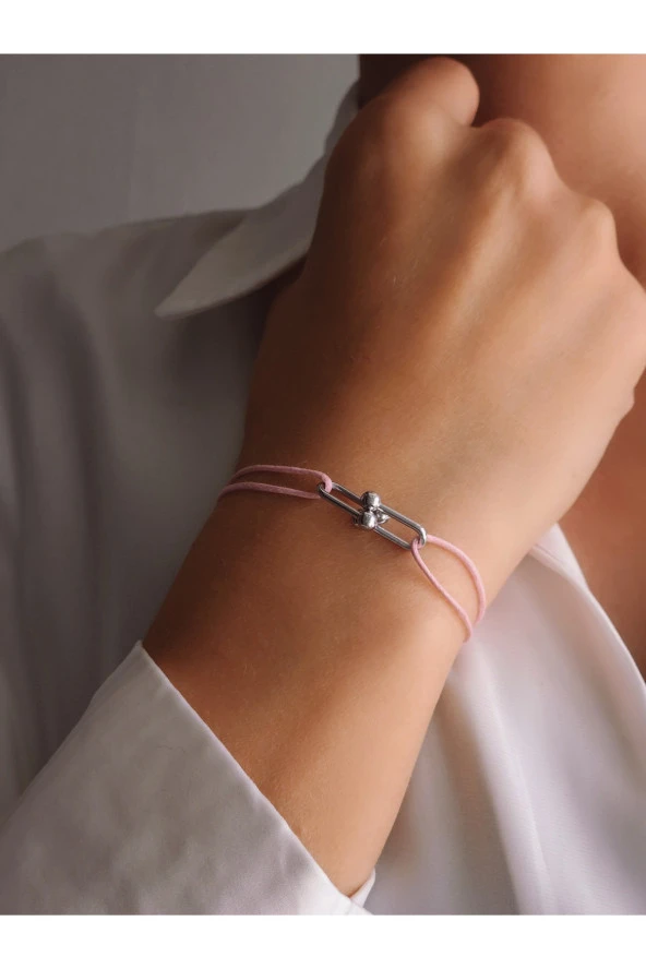 Ataç Model Deri İpli El Yapımı Silver Pembe Renkli Bileklik ürün görseli 1