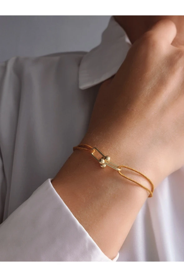 Ataç Model Deri İpli El Yapımı Gold Hardal Camel Renkli Bileklik ürün görseli 1