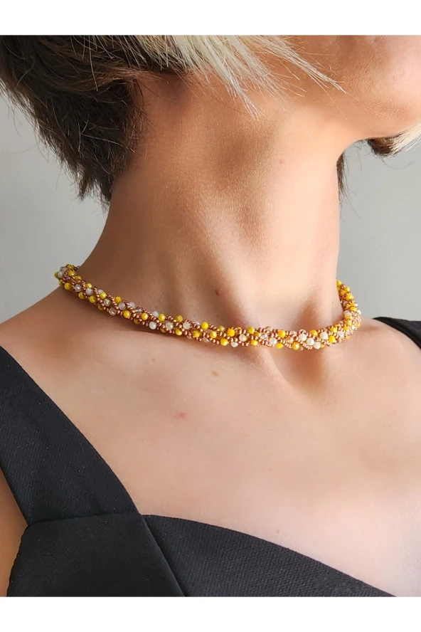 Etnik Bohem Sarmal Dönmeli Model Kristal Sarı Kristal Boncuk Kolye ürün görseli 1