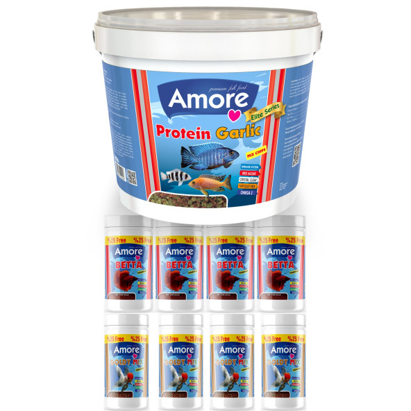 Amore Protein Garlic Malawi Ciklet 2.4Kg Pro Chips Sarımsaklı Kova Balık Yemi,Betta-Goldy-4x125ml ürün görseli 1