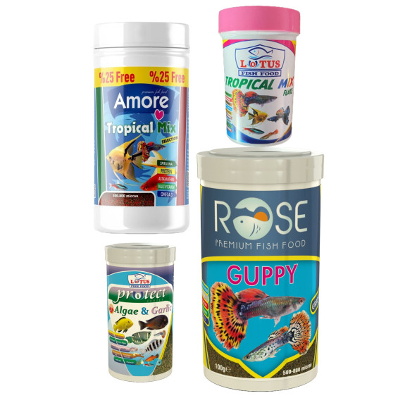 Amore Tetra-Melek-Lepistes 4lü Balık Yemi Seti,Tropical Mix 125ml,Rose Guppy 250,Algae Garlic,Mix Flakes ürün görseli 1