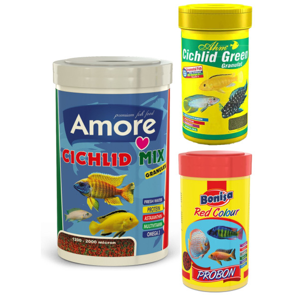 Amore Malawi Cichlid Mix 1000ml, Ahm Ciklet Green 250ml,Probon Red Colour 250ml Kutu Balık Yemi ürün görseli 1