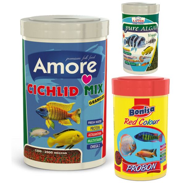 Amore Malawi Cichlid Mix 1000ml, Probon Red Colour 250ml, Pure Algae Veggie 100ml Kutu Balık Yemi ürün görseli 1