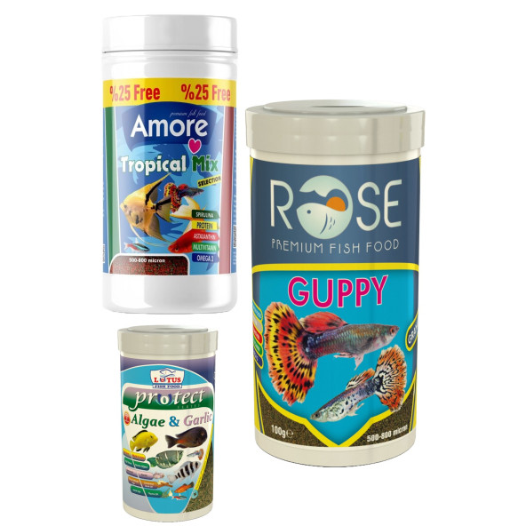 Tropical Mix Selection 125ml, Rose Guppy 250ml, Protect Algae Garlic Pro 100ml Tropik Balık Yemi Set ürün görseli 1