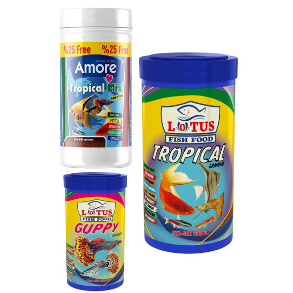 Amore Tropical Mix Selection 125ml, Lotus Tropikal 250ml, Guppy Granül 100ml Balık Yemi Set ürün görseli 1