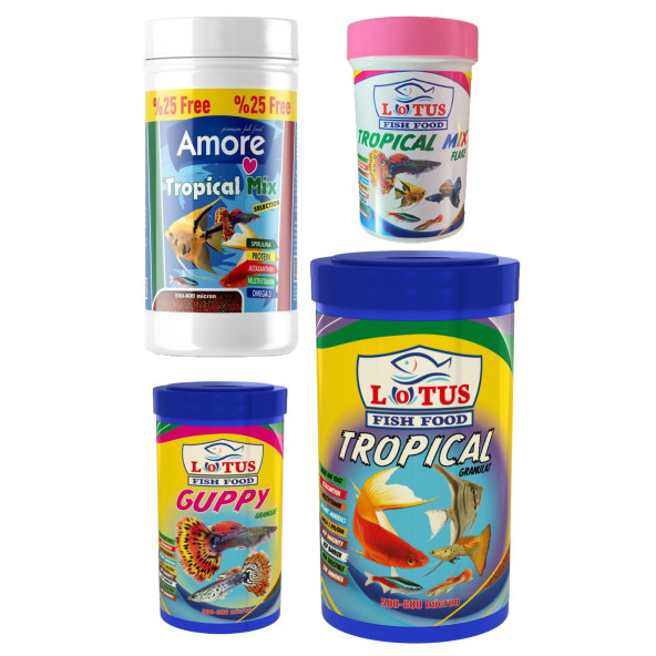 Amore Tropical Mix Selection 125ml, Lotus Tropikal 250ml, Guppy Granül 100ml, Tropik 100ml Pul Balık Yemi ürün görseli 1