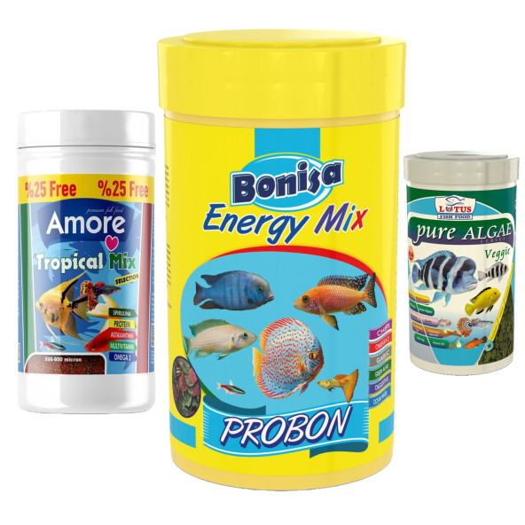 Amore Tropical Mix Selection 125ml, Bonisa Energy Mix 250ml, Pure Algae Pro 100ml Tropik Balık Yemi Set ürün görseli 1