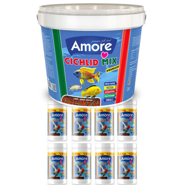 Amore Malawi Ciklet Mix Granules Karışık 3kg Kova, Goldy Mix Granules 8 adet 125ml Kutu Japon Balığı Yemi ürün görseli 1