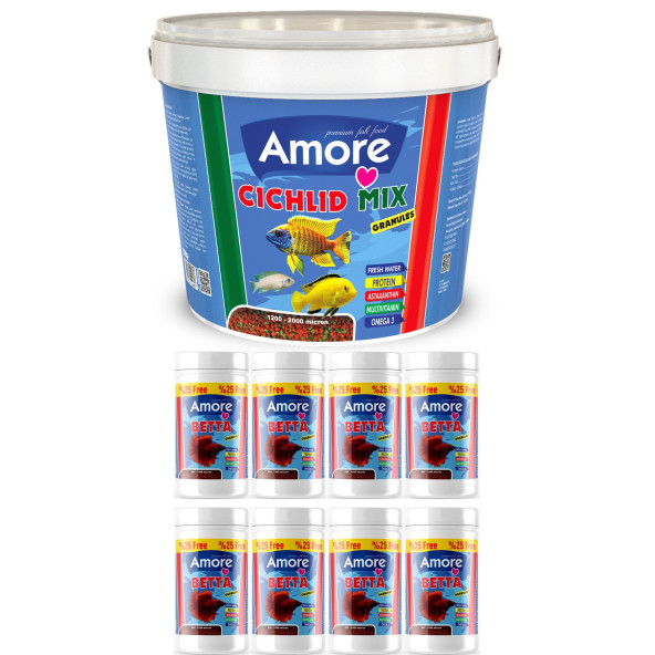 Amore Malawi Ciklet Mix Granules Karışık 3kg Kova, Betta Granules 8 adet 125ml Kutu Beta Balık Yemi ürün görseli 1