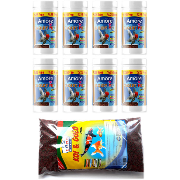 Amore Goldy Mix Granules 8x125ml Kutu, Lotus Koi Gold Fish Kajero 860gr Poşet Japon Balığı Yemi ürün görseli 1