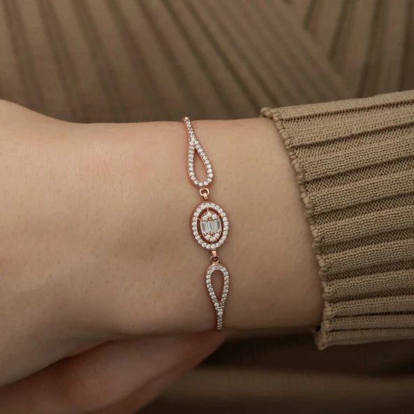 925 Ayar Gümüş Rose Oval Baget Bileklik - Resim 3