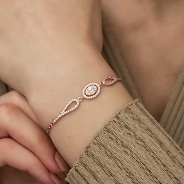 925 Ayar Gümüş Rose Oval Baget Bileklik - Resim 4