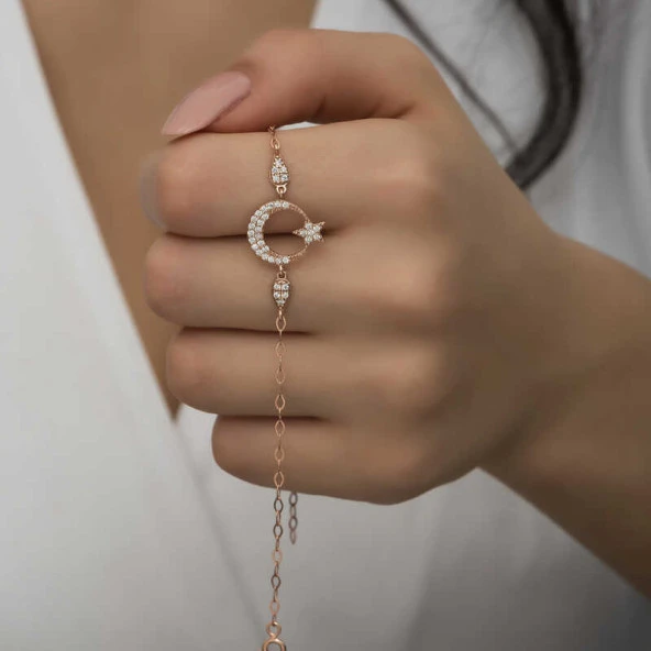 925 Ayar Gümüş Rose Ay Yıldız Kadın Bileklik ürün görseli 1
