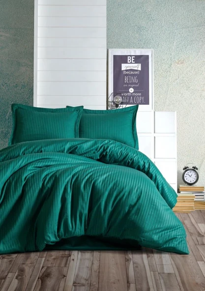 Cotton Box Çift Kişilik Saten Nevresim Takımı Elegante Stripe Petrol ürün görseli 1