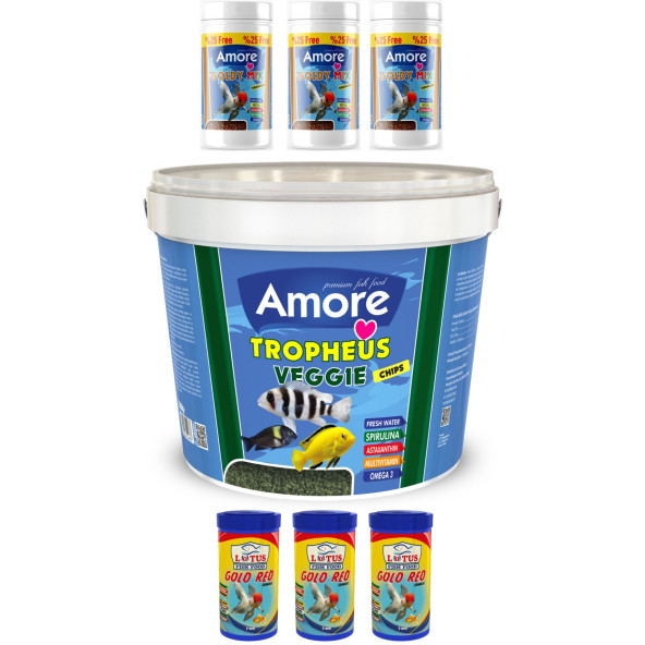Amore Tropheus Veggie Chips Balık Yemi 3kg Kova, 3x125ml ve 3x100ml Kutu Japon Balığı Yemi ürün görseli 1