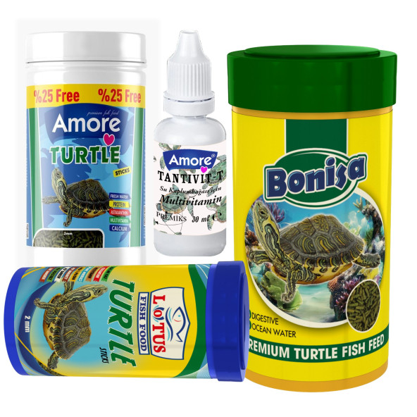 Amore Turtle Green Sticks 125 + 250 + 100 ml Bonisa, Lotus Su Kaplumbağası Yemi ve Vitamin Seti ürün görseli 1