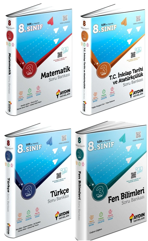 Aydın 2024 8. Sınıf Matematik + Türkçe + Fen + İnkılap Üç Adım Soru Seti 4 Kitap ürün görseli 1