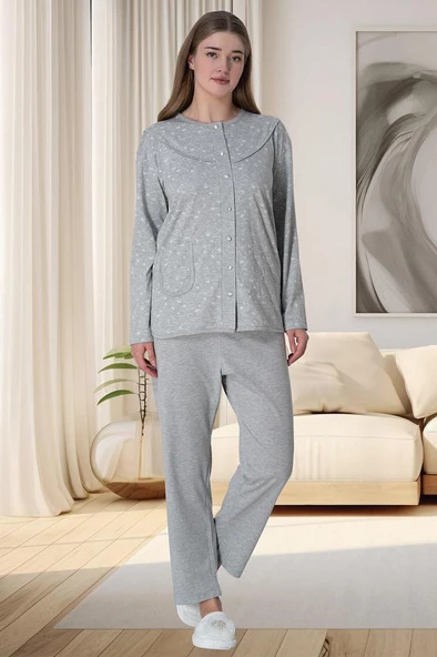 Mecit 6022 Bayan Gri Büyük Beden Boydan Düğmeli Pijama Takımı ürün görseli 1
