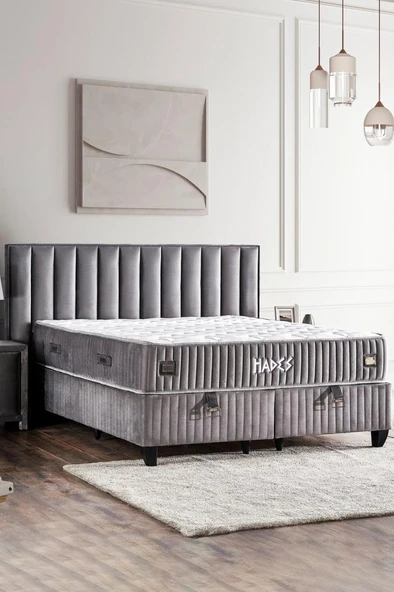 Hades Yatak Baza ve Başlık Seti 150x200 cm Çift Kişilik Paket Yaylı Lüks Yatak Koyu Gri Baza Başlık ürün görseli 1