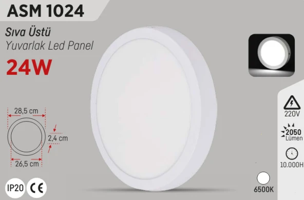 YCL Beyaz 24W Sıva Üstü Yuvarlak Led Panel ASM-1024 ürün görseli 1