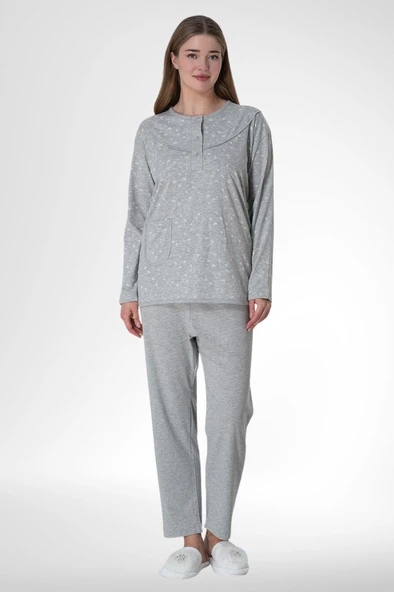 Mecit 6021 Bayan Gri Büyük Beden Uzun Kollu Pijama Takımı ürün görseli 1
