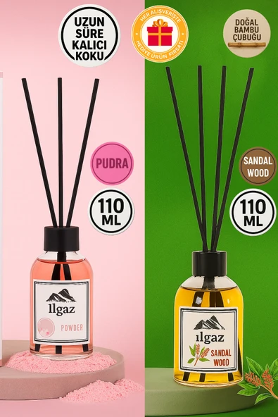 Pudra Bambu Çubuklu Oda Kokusu 110 Ml & Sandal Ağacı Bambu Çubuklu Oda Kokusu 110 Ml 2'li Ortam Kokusu Seti ürün görseli 1