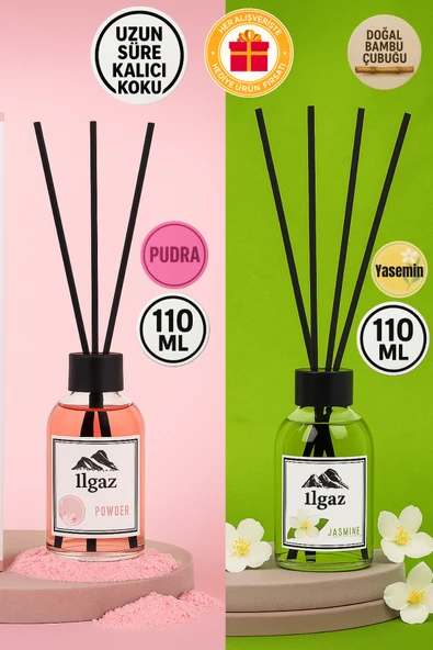 Pudra Bambu Çubuklu Oda Kokusu 110 Ml & Jasmine Bambu Çubuklu Oda Kokusu 110 Ml 2'li Ortam Kokusu Seti ürün görseli 1