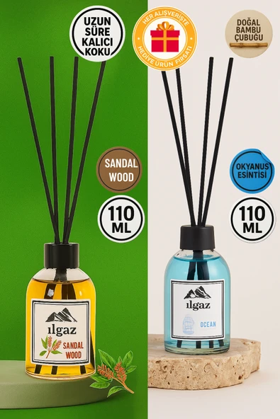 Sandal Ağacı Bambu Çubuklu Oda Kokusu 110 Ml & Okyanus Bambu Çubuklu Oda Kokusu 110 Ml - 2'li Kalıcı ve Doğal Ortam Kokusu Seti ürün görseli 1