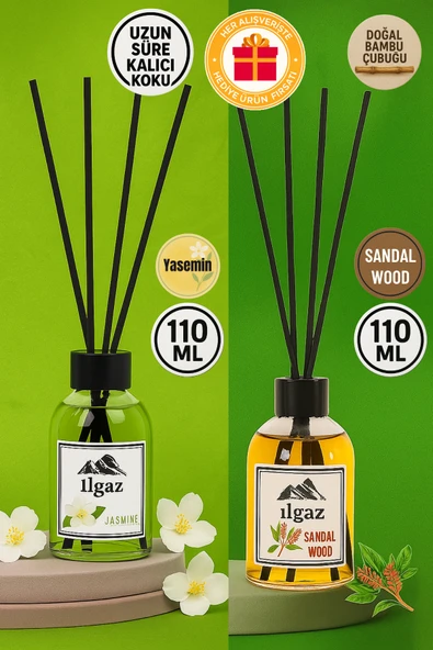 Jasmine Bambu Çubuklu Oda Kokusu 110 Ml & Sandal Ağacı Bambu Çubuklu Oda Kokusu 110 Ml 2'li Ortam Kokusu Seti ürün görseli 1