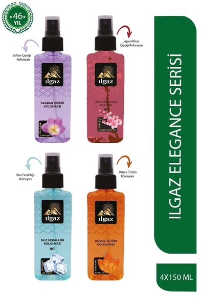 Safran Çiçeği & Japon Kiraz Çiçeği & Tütün & Buz Ferahlığı Kolonyası 150 Ml - Elegance Series 4'lü Kolonya Seti ürün görseli 1