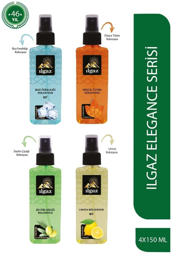 Buz Ferahlığı & Tütün & Zeytin Çiçeği & Limon Kolonyası 150 Ml - Elegance Series 4'lü Kolonya Seti ürün görseli 1