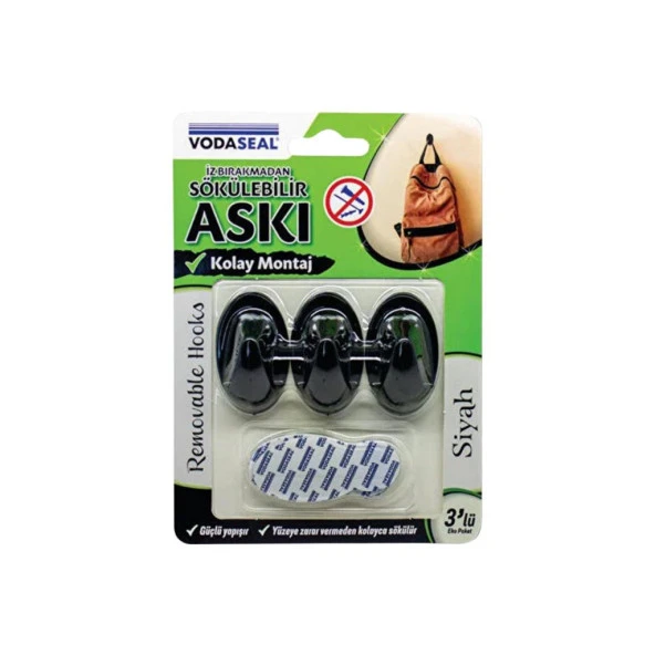 Vodaseal HB-01 Siyah İz Bırakmayan Askı 3 Adet ürün görseli 1
