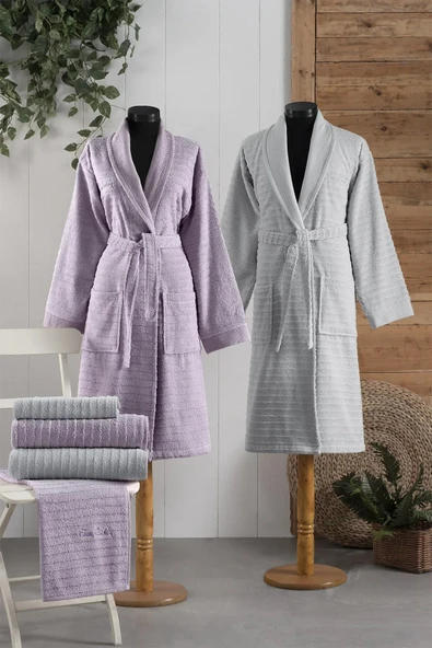 Pierre Cardin 6 Parça Jakarlı Aile Bornoz Seti-Wave Soft Lila Gri ürün görseli 1