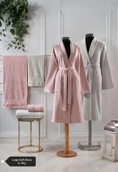 Pierre Cardin 6 Parça Jakarlı Aile Bornoz Seti-Logo Soft Decorose A.Bej ürün görseli 1