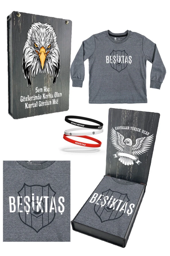 Beşiktaş Orijinal Lisanslı Logo Baskılı Çocuk Sweat + Bileklik Set Hediyelik Ahşap Kutulu ürün görseli 1