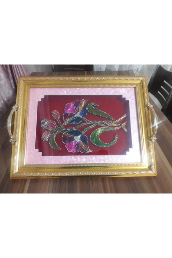 Çivi Ile Çelik Renkli Teller Kullanılarak Yapılan Özel Tasarım Dekoratif Tepsi Flografi Tekniği ürün görseli 1