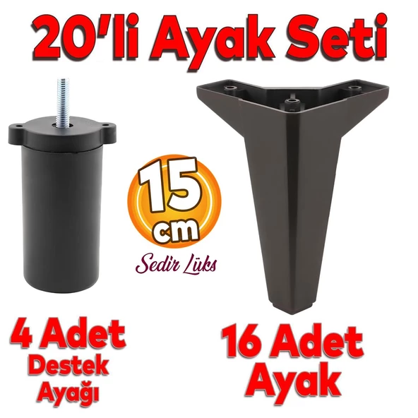 20'li Set Sedir Lüks Mobilya Koltuk Kanepe Tv Ünitesi Destek Ayağı 15 cm Siyah Ayakları ürün görseli 1
