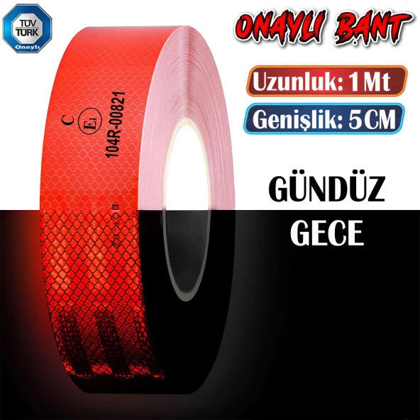 Tüvtürk Onaylı Bant Kırmızı 1 Metre 5 cm Belgeli Reflektörlü Reflektif Fosforlu Şerit Bant İkaz Bandı ürün görseli 1