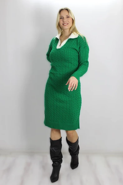Gömlek Yaka Örme Triko Elbise Yeşil - 07190 ürün görseli 1