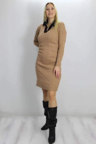 Gömlek Yaka Örme Triko Elbise Sütlükahve - 07190 - Resim 4