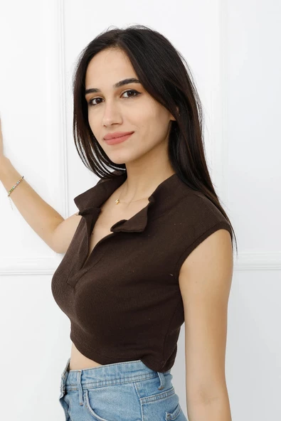 Hakim Yaka Dekolteli Crop Bady Kahve - P-020498 - Resim 2