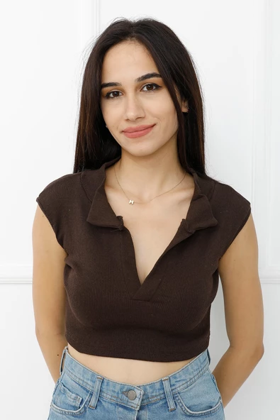Hakim Yaka Dekolteli Crop Bady Kahve - P-020498 ürün görseli 1