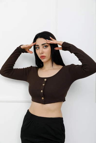 Sahte Düğmeli Mini Crop Bady Kahve - P-020494 - Resim 2