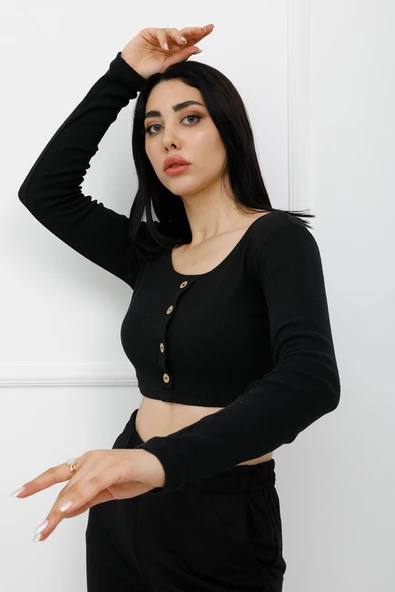 Sahte Düğmeli Mini Crop Bady Siyah - P-020494 ürün görseli 1