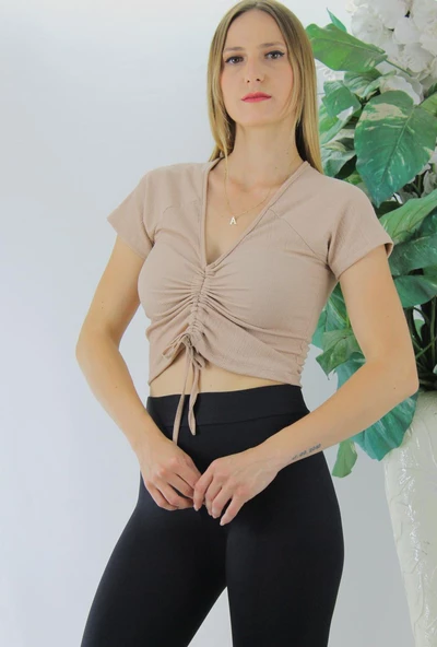 Ön Büzgülü Crop Bluz Camel - 1293.33 - Resim 4