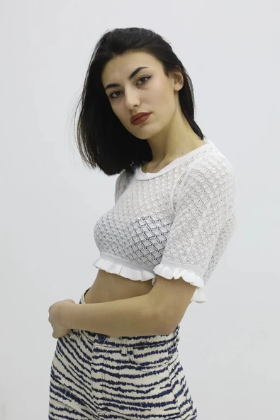 Bel Lastikli Triko Bluz - P-019803EKRU - Resim 3